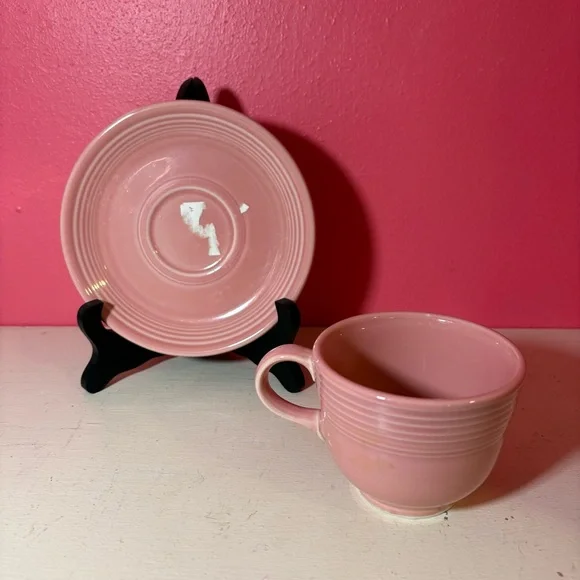 Retro Fiestaware Homer Laughlin Vintage Rose Pink Ceramic Cup and Saucer Set Fun - Picture 2 of 8